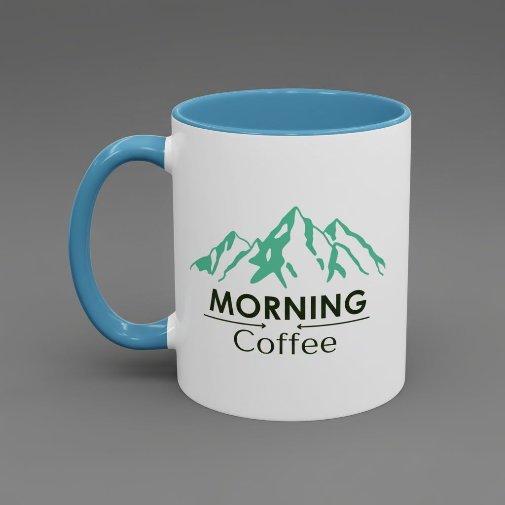 White mug with blue handle and interior, featuring green mountain design and text on a white background