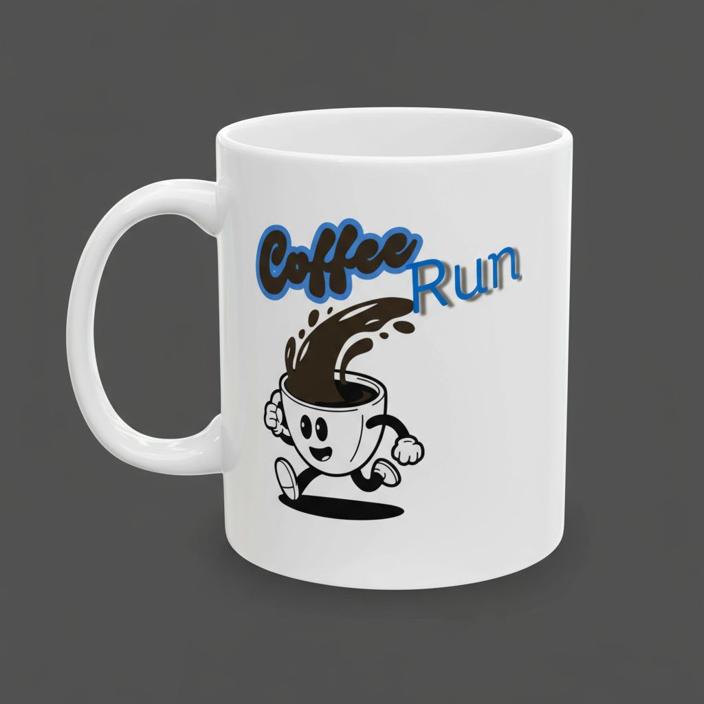 White mug with 'Coffee Run' design featuring a cartoon cup and coffee splash on a white background
