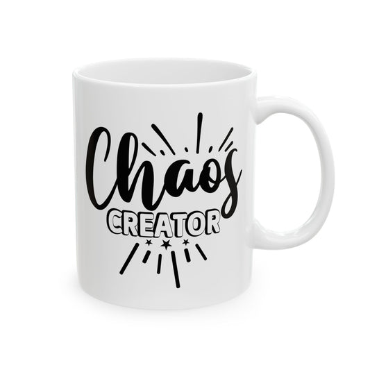 White mug with 'Chaos Creator' text on a white background