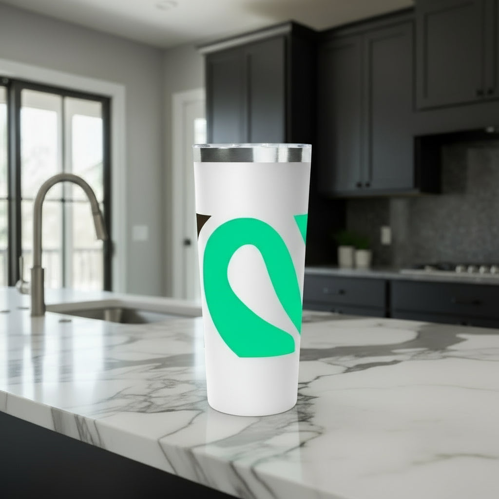 White tumbler with a green and black logo on a white background