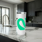 White tumbler with a green and black logo on a white background