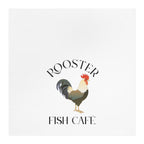 Logo of Rooster Fish Cafe with a rooster illustration on a white background