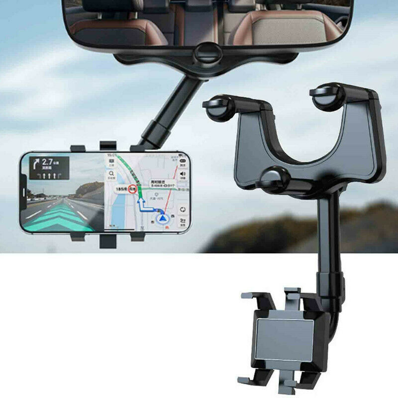 Car phone holder with smartphone displaying navigation app, mounted on car dashboard.