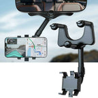 Car phone holder with smartphone displaying navigation app, mounted on car dashboard.