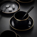 Coffee Mugs for Coffee Enthusiasts, Black Matte Ceramic Mug with saucer and gold trim