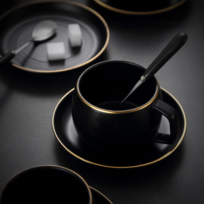 Coffee Mugs for Coffee Enthusiasts, Black Matte Ceramic Mug with saucer and gold trim