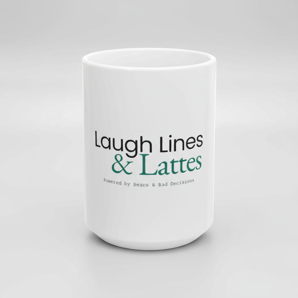 White mug with 'Laugh Lines & Lattes' text on a white background