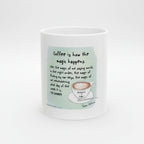 White mug with a coffee-themed design and text on a white background