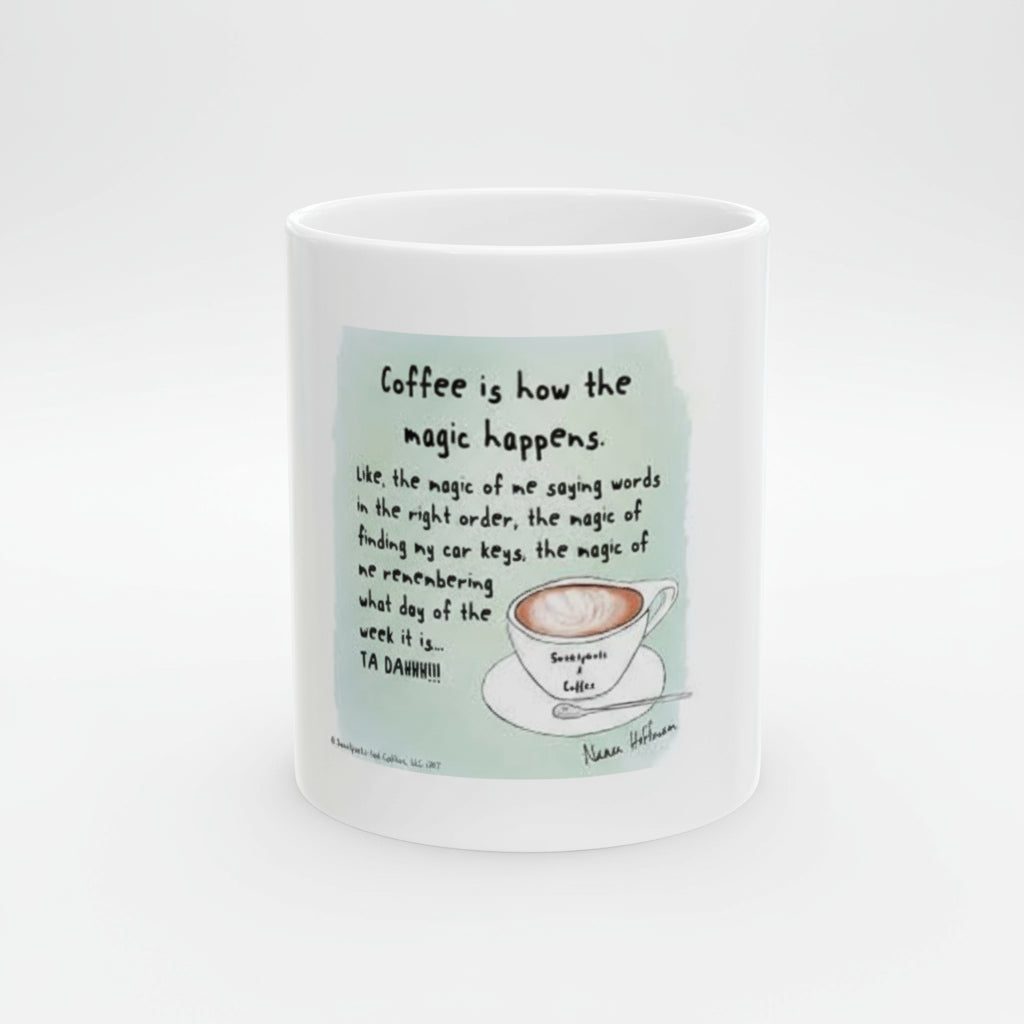 White mug with a coffee-themed design and text on a white background