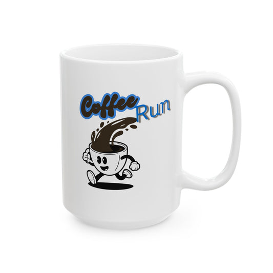 White mug with 'Coffee Run' design featuring a cartoon coffee cup character on a white background