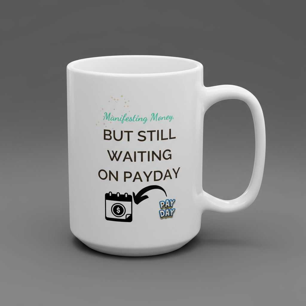 White mug with humorous text and graphics on a white background