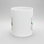 White mug with text and a green graphic on a white background