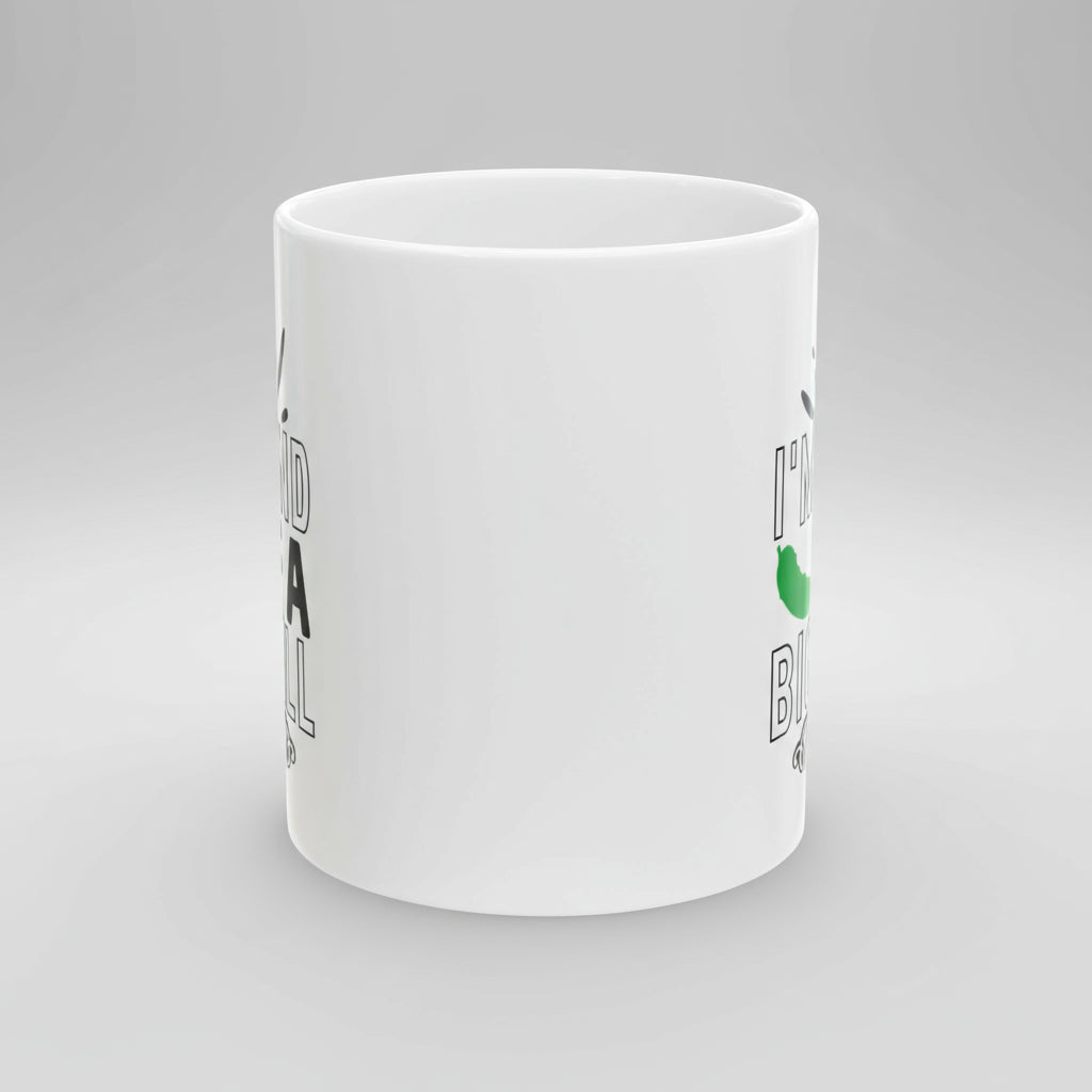 White mug with text and a green graphic on a white background