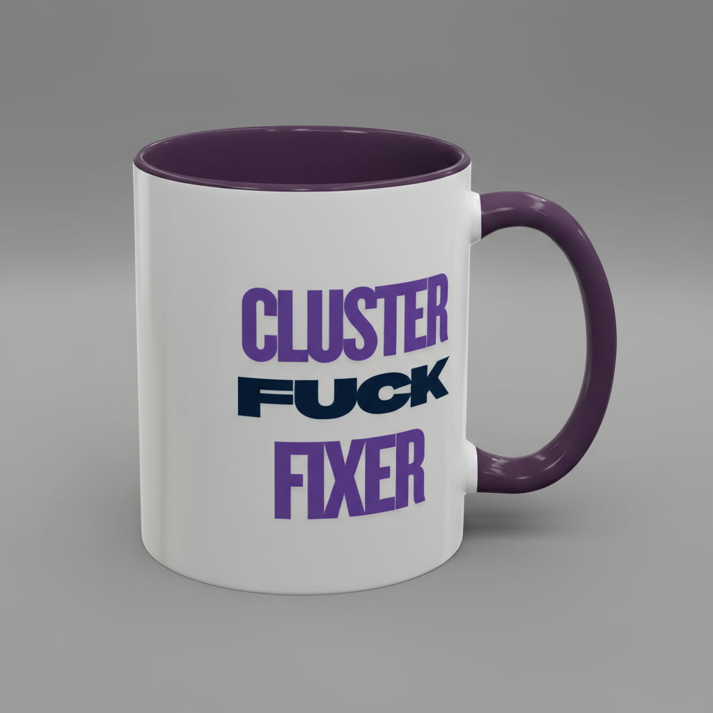 White mug with purple interior and handle, featuring text 'CLUSTER FUCK FIXER' in purple and black.