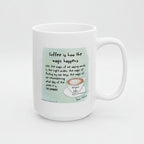 White mug with a graphic of a coffee cup and text on a white background