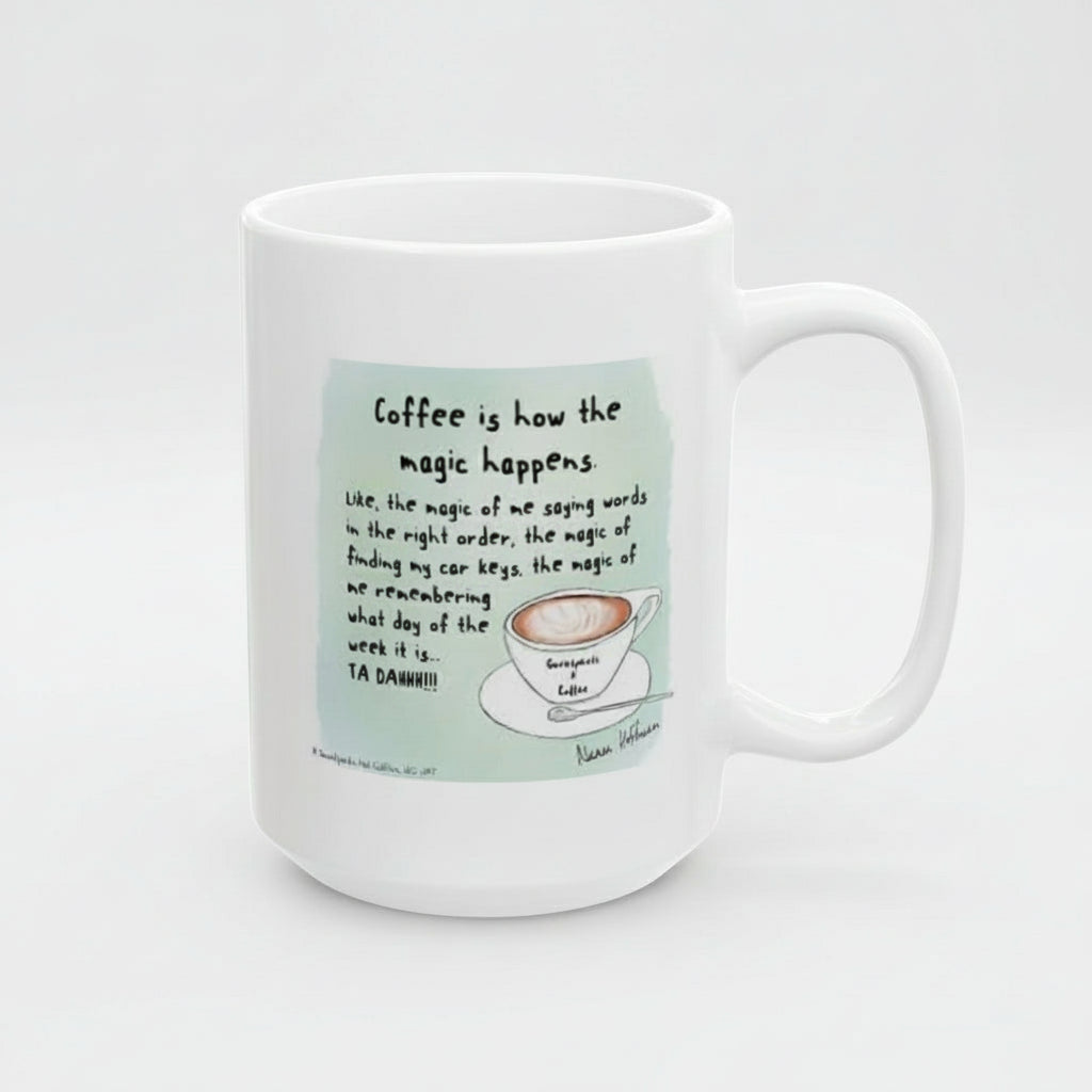 White mug with a graphic of a coffee cup and text on a white background