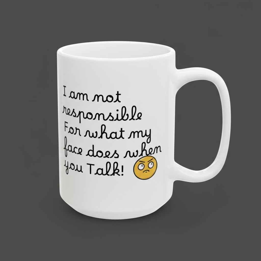 White mug with humorous text and emoji on a white background