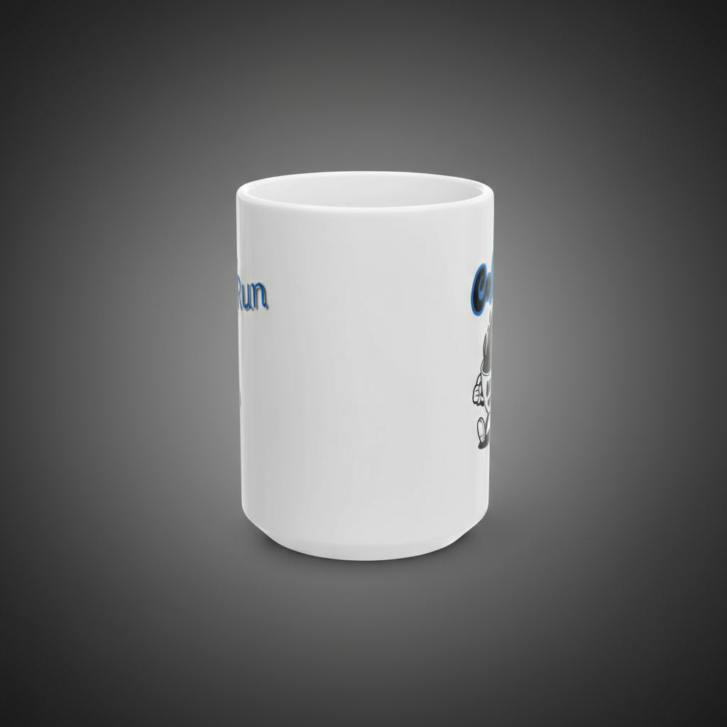 White mug with blue text and graphics on a white background