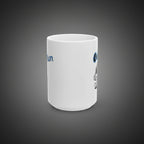 White mug with blue text and graphics on a white background