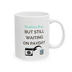 White mug with text and graphics on a white background