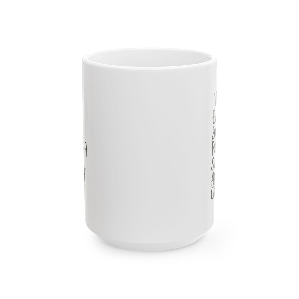 White ceramic mug with text on a white background