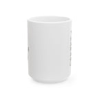 White ceramic mug with text on a white background