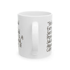 White mug with text on a white background