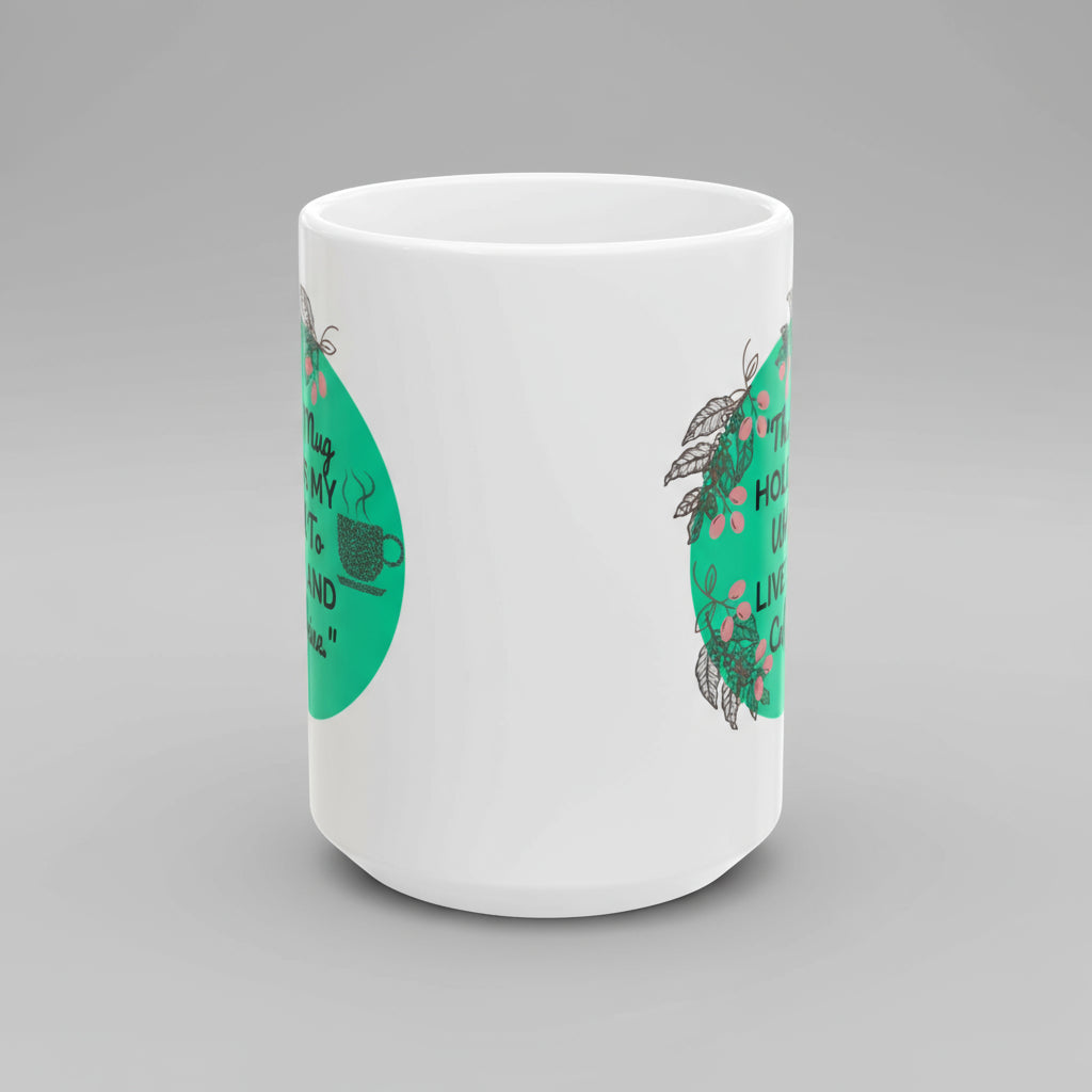 White mug with green floral design and text on a white background