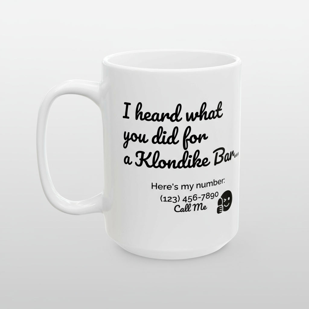 White mug with black text and a phone number on a white background