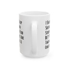White mug with black text on a white background