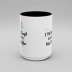 White mug with black interior, text, and graphics on a white background