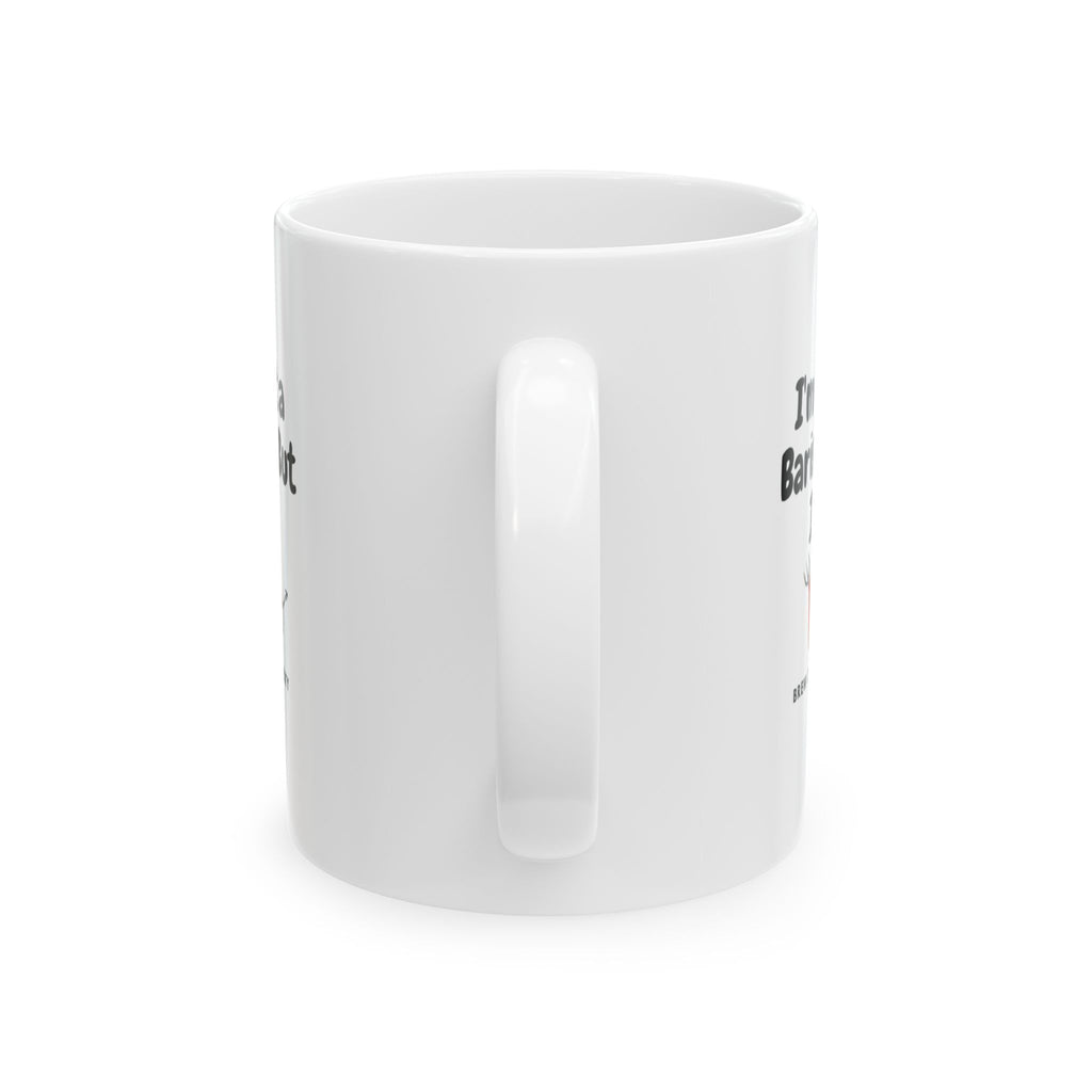 White mug with text on a white background