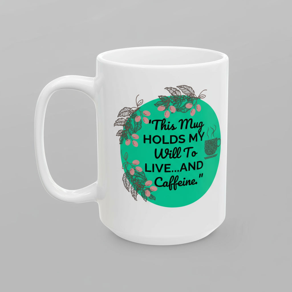 White mug with a green circular design and text on a white background