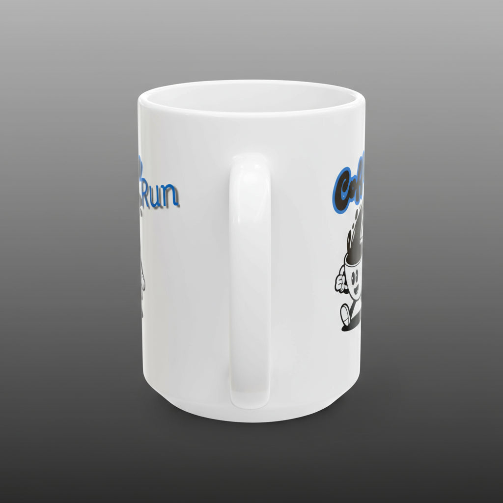 White mug with cartoon character and text on a white background