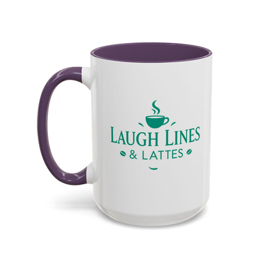 White mug with purple handle and 'Laugh Lines & Lattes' text on a white background