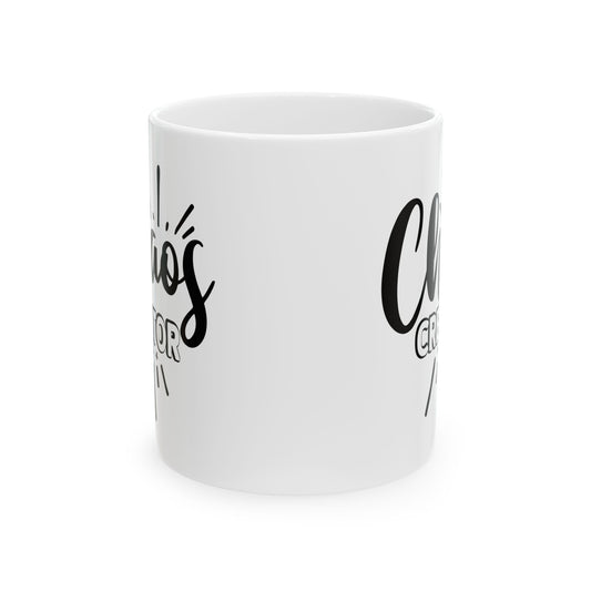 White mug with black text on a white background