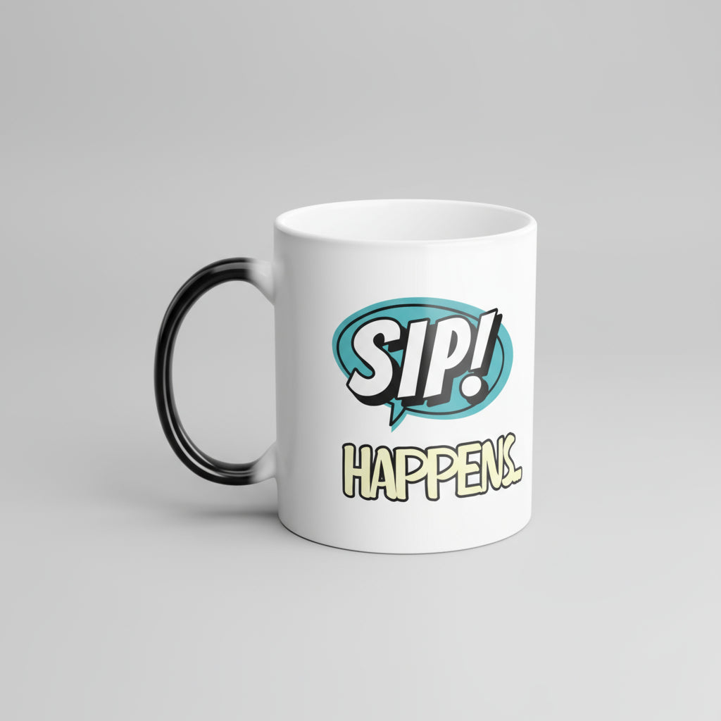 White mug with 'SIP! HAPPENS' text on a white background