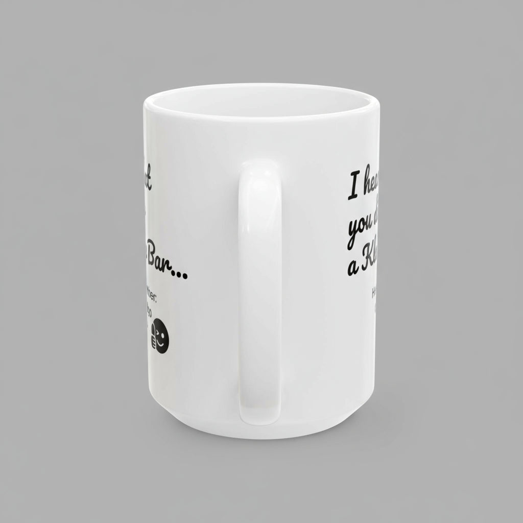White mug with black text on a white background