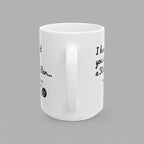 White mug with black text on a white background