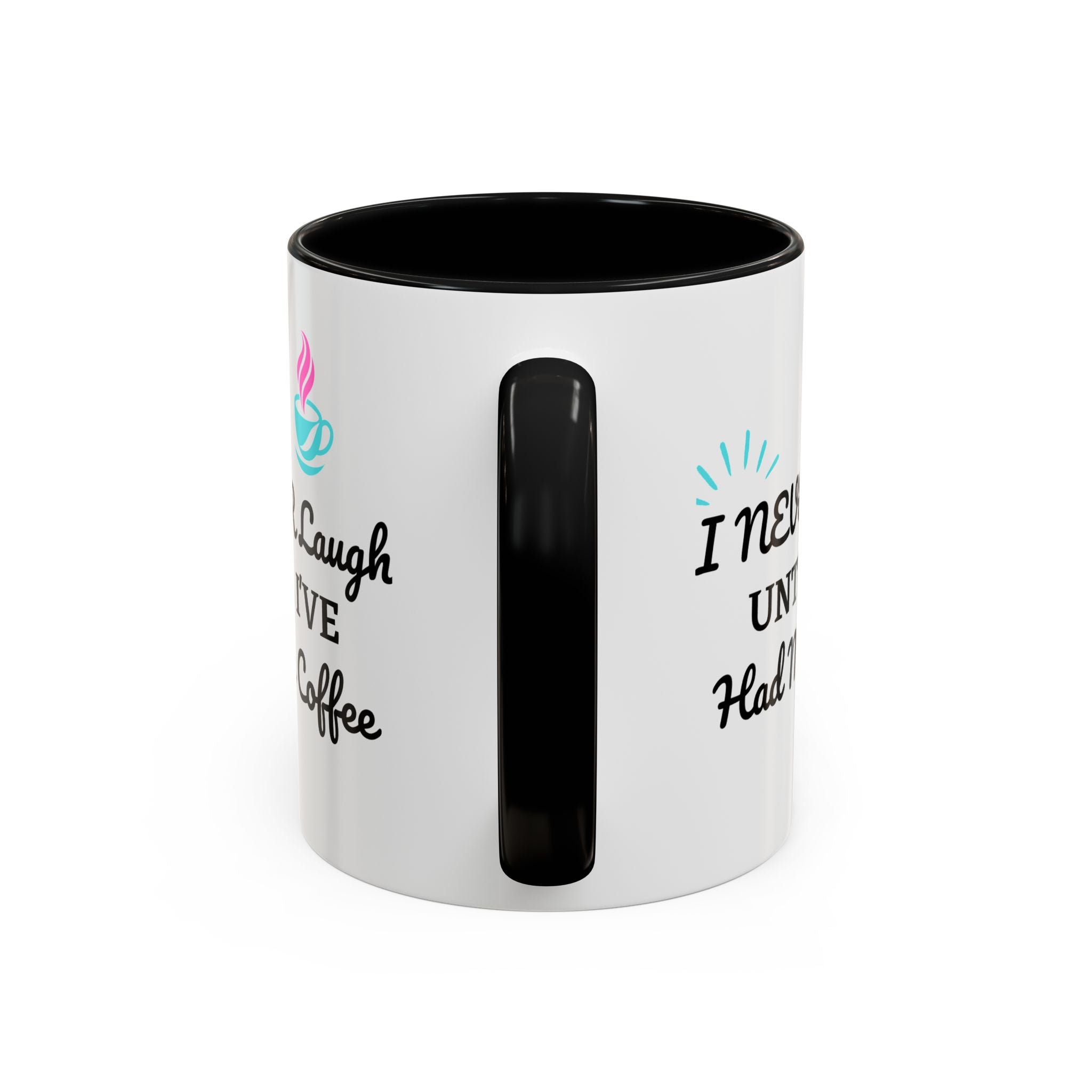 White mug with black interior and handle, featuring text and colorful designs on a white background