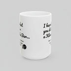 White mug with black text on a white background