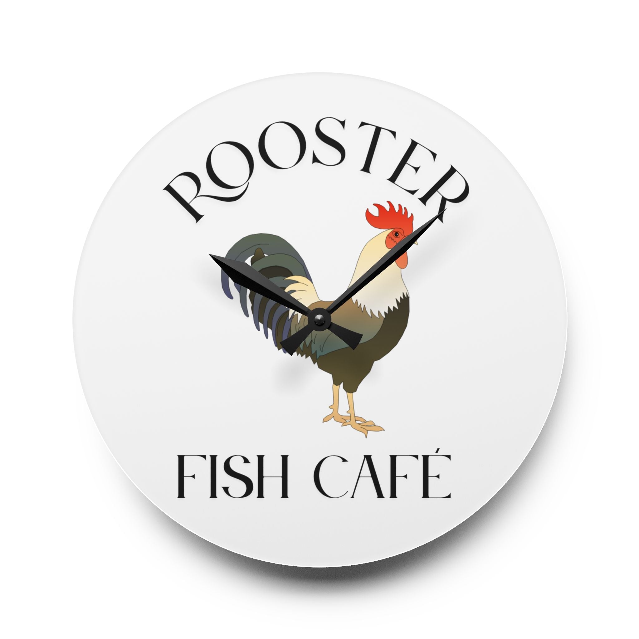 Rooster Fish Café Acrylic Wall Clock - Rustic Farmhouse Home Décor
