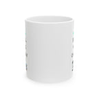 White mug with text and graphics on a white background