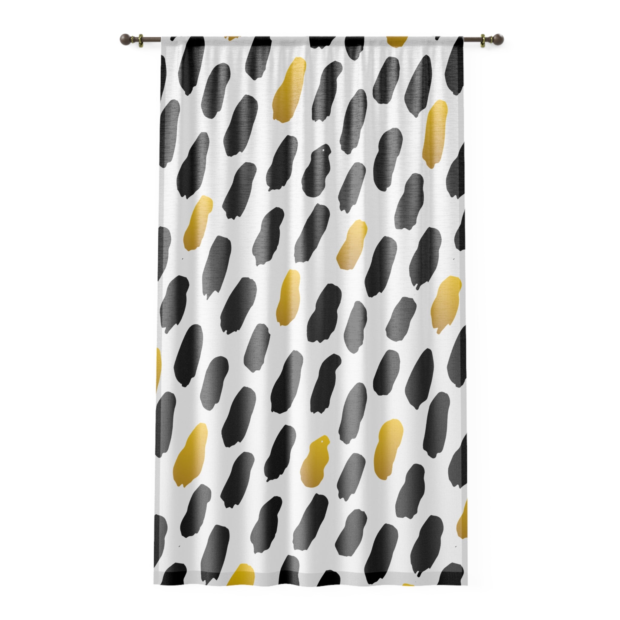 Curtain with black and gold abstract pattern on a white background