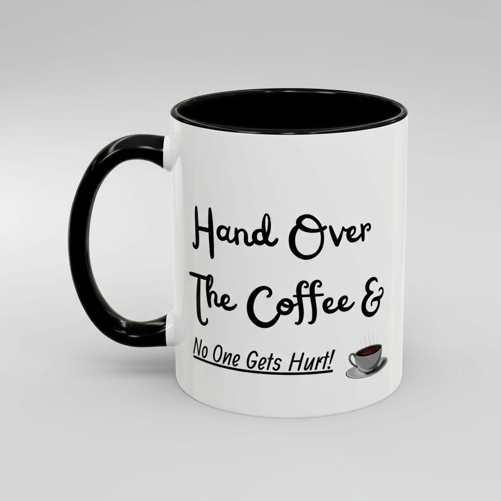 White mug with black interior and handle, featuring text and a coffee cup icon. 11oz mug