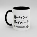 White mug with black interior and handle, featuring text and a coffee cup icon. 11oz mug