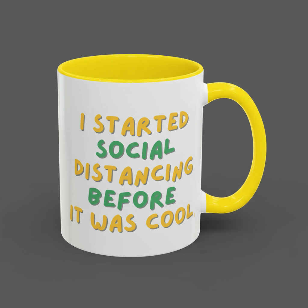 White mug with yellow interior and handle, featuring a humorous text design.