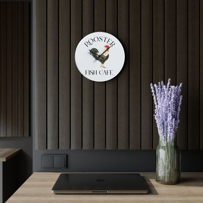 Rooster Fish Café Acrylic Wall Clock - Rustic Farmhouse Home Décor