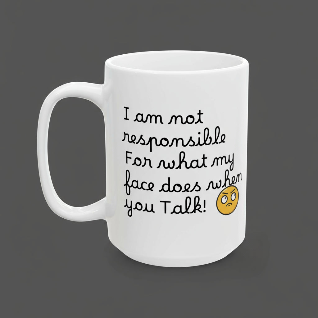 White mug with humorous text and emoji on a white background