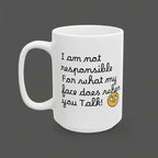 White mug with humorous text and emoji on a white background